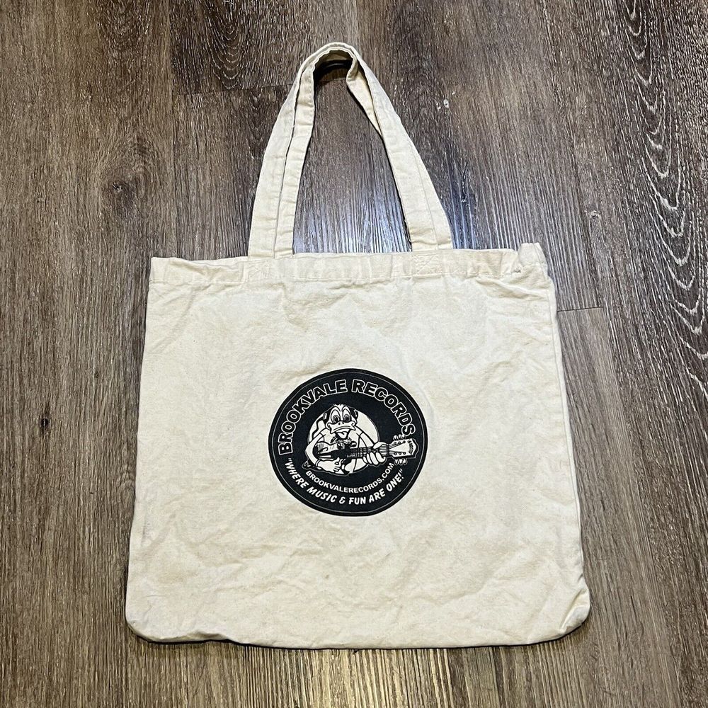 Canvas Tote Bag White Cream Blue Off Shoulder Grocery Shop Record Vinyl Store